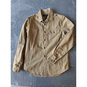 21 Men Khaki Cotton Twill Military Utility Shirt Jacket Tan Epaulettes Medium